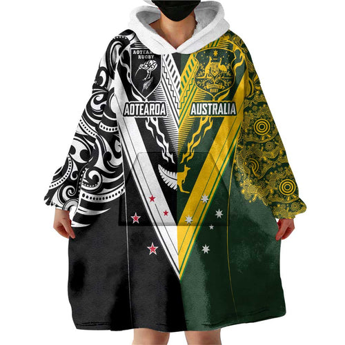 Aotearoa Australia Rugby Custom Wearable Blanket Hoodie Maori and Aboriginal Art Sporty Style - Aussie Hoodie
