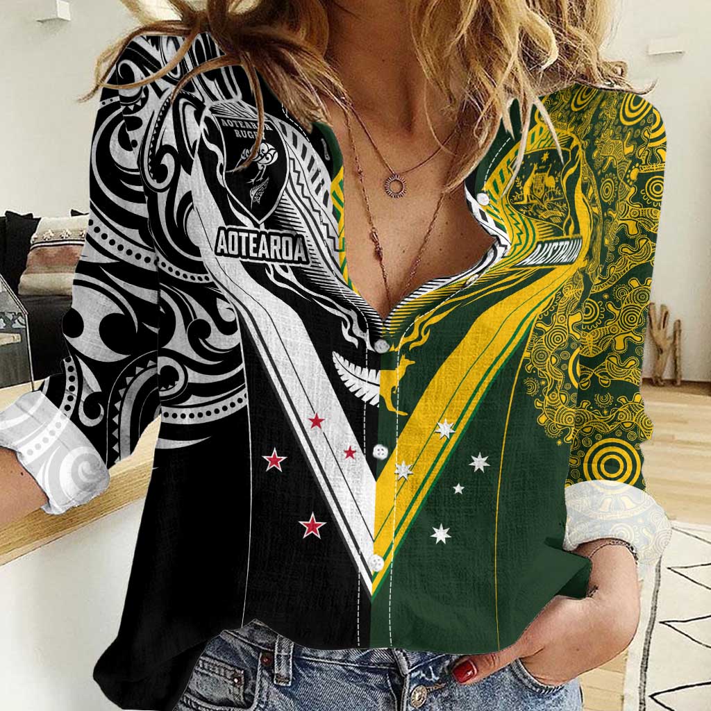 Aotearoa Australia Rugby Custom Women Casual Shirt Maori and Aboriginal Art Sporty Style - Aussie Hoodie