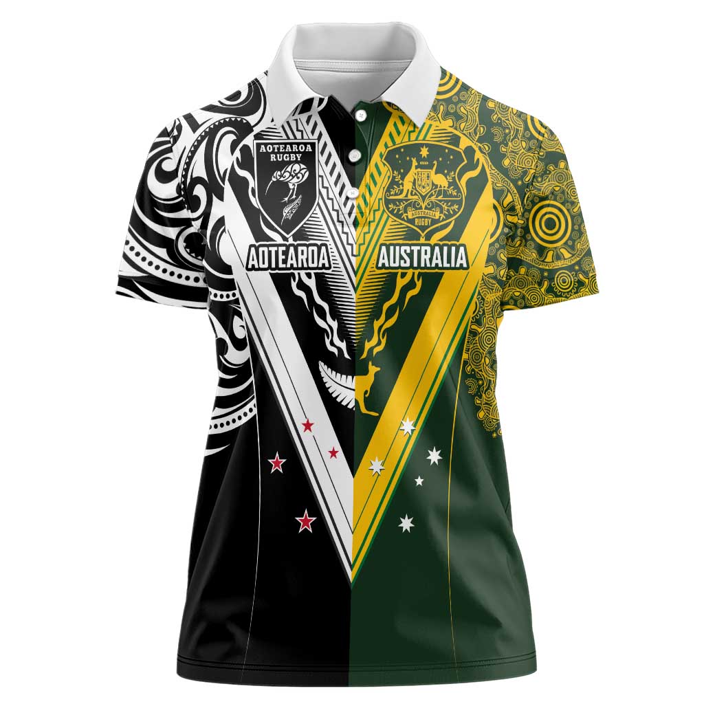 Aotearoa Australia Rugby Custom Women Polo Shirt Maori and Aboriginal Art Sporty Style - Aussie Hoodie