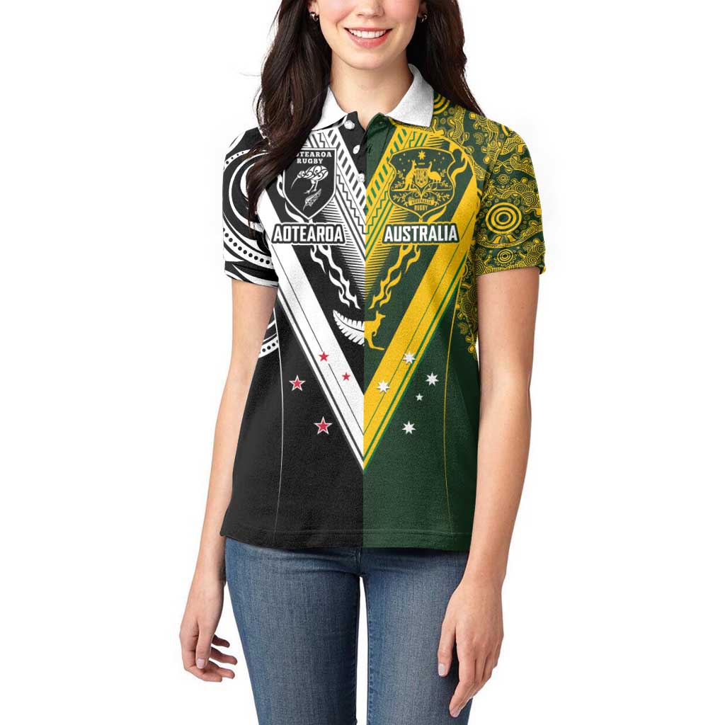 Aotearoa Australia Rugby Custom Women Polo Shirt Maori and Aboriginal Art Sporty Style - Aussie Hoodie
