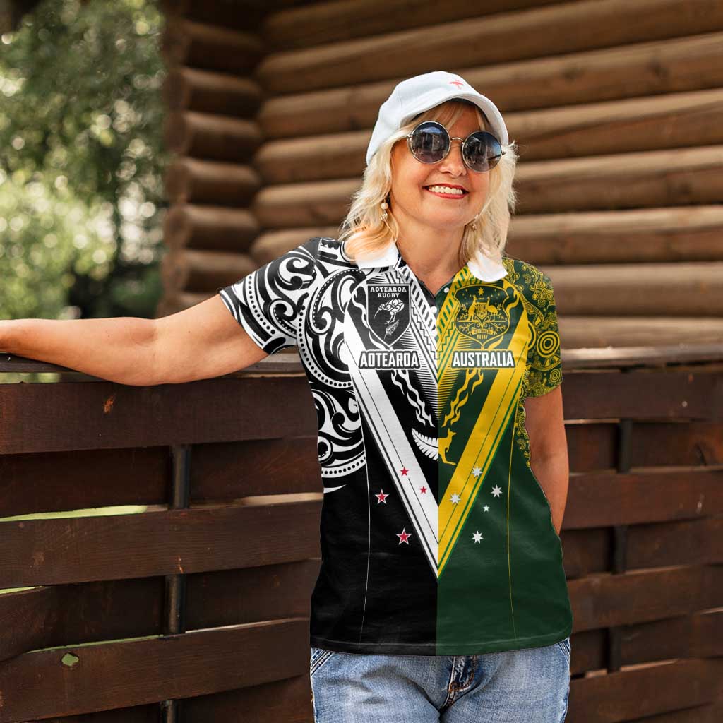Aotearoa Australia Rugby Custom Women Polo Shirt Maori and Aboriginal Art Sporty Style - Aussie Hoodie