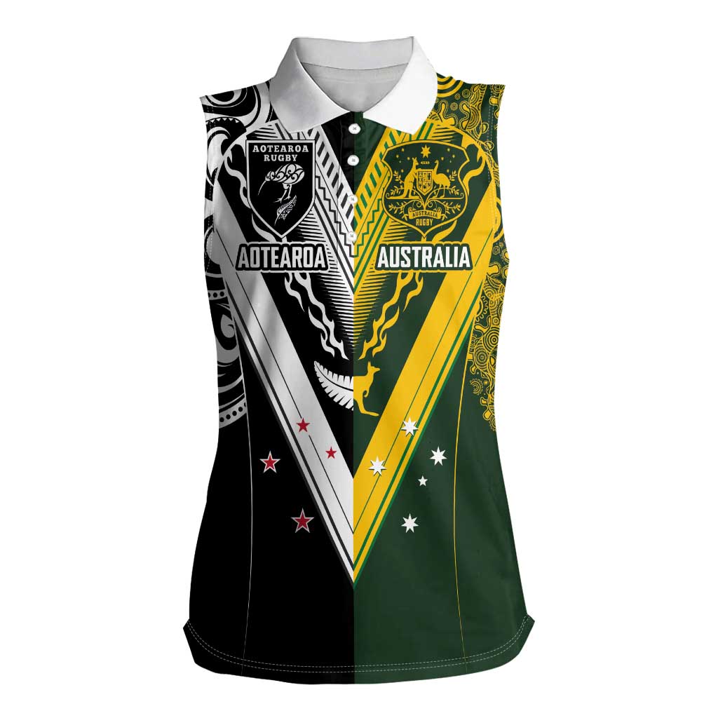Aotearoa Australia Rugby Custom Women Sleeveless Polo Shirt Maori and Aboriginal Art Sporty Style - Aussie Hoodie