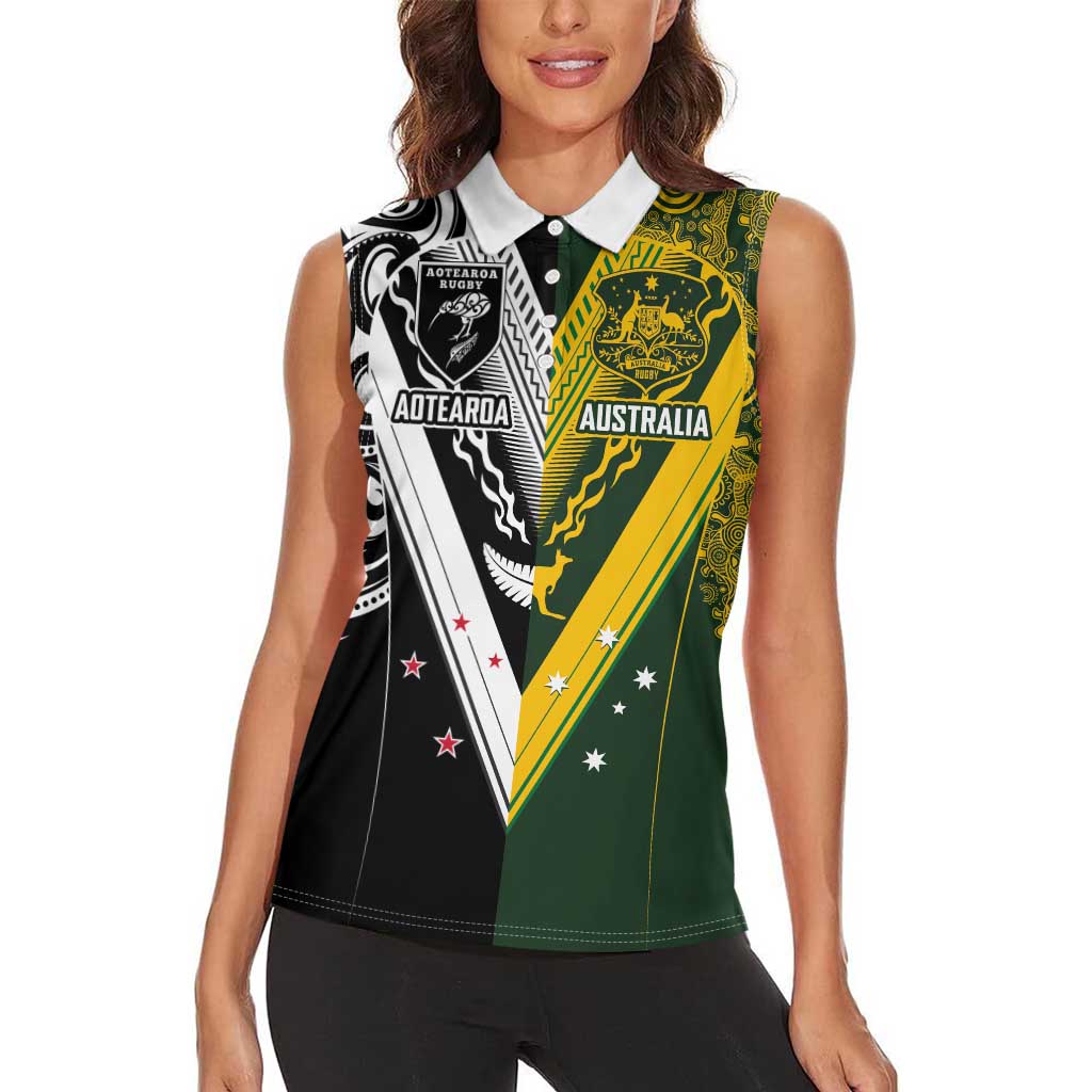 Aotearoa Australia Rugby Custom Women Sleeveless Polo Shirt Maori and Aboriginal Art Sporty Style - Aussie Hoodie