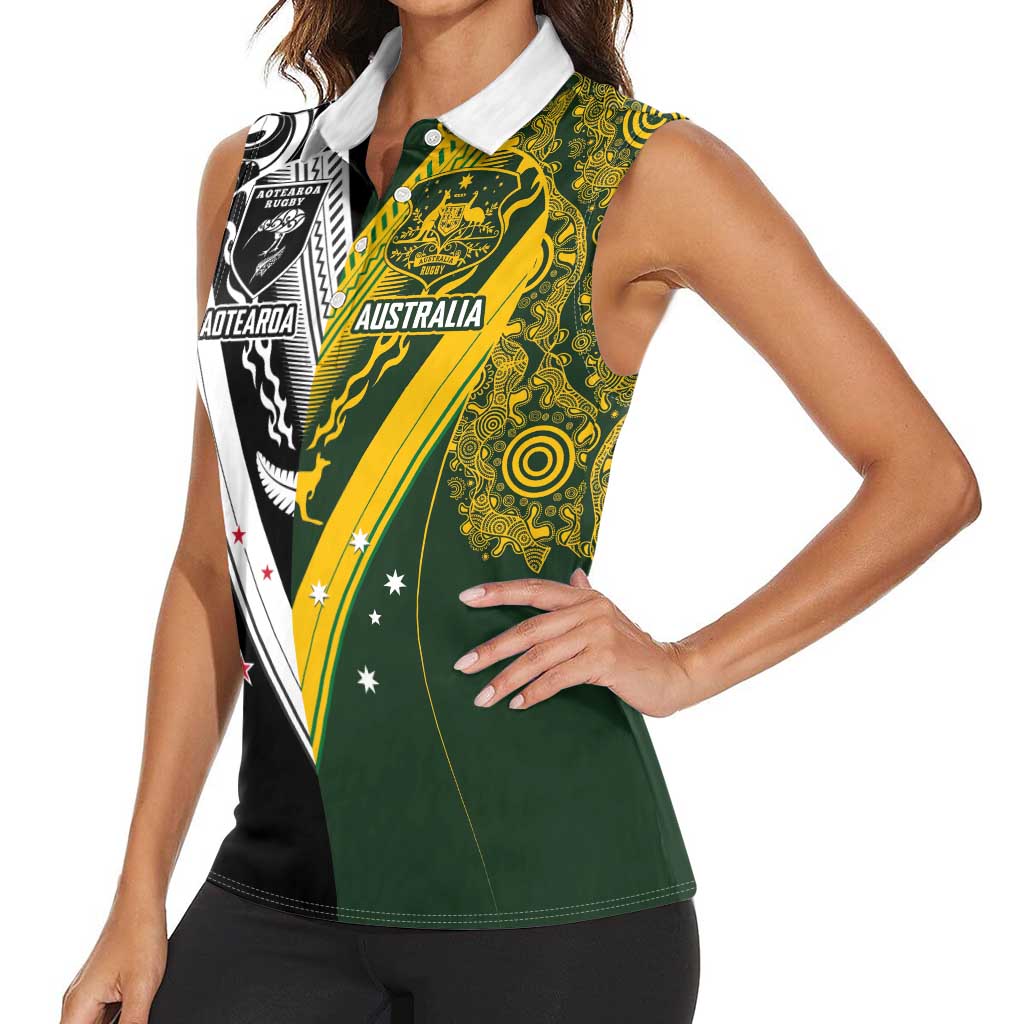 Aotearoa Australia Rugby Custom Women Sleeveless Polo Shirt Maori and Aboriginal Art Sporty Style - Aussie Hoodie