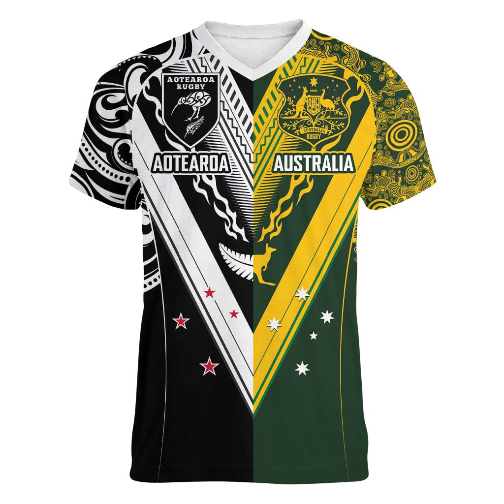 Aotearoa Australia Rugby Custom Women V-Neck T-Shirt Maori and Aboriginal Art Sporty Style - Aussie Hoodie