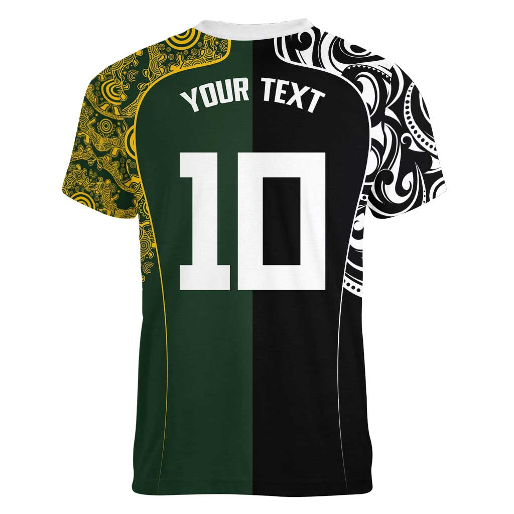 Aotearoa Australia Rugby Custom Women V-Neck T-Shirt Maori and Aboriginal Art Sporty Style - Aussie Hoodie