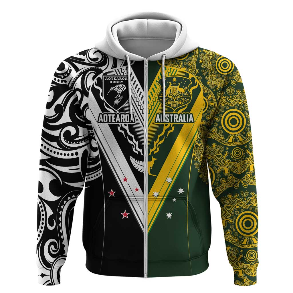 Aotearoa Australia Rugby Custom Zip Hoodie Maori and Aboriginal Art Sporty Style - Aussie Hoodie