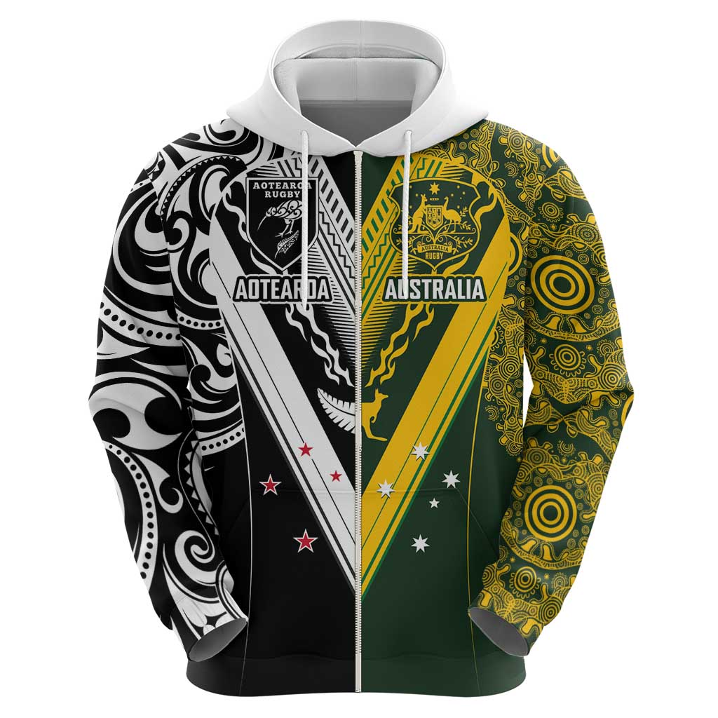 Aotearoa Australia Rugby Custom Zip Hoodie Maori and Aboriginal Art Sporty Style - Aussie Hoodie