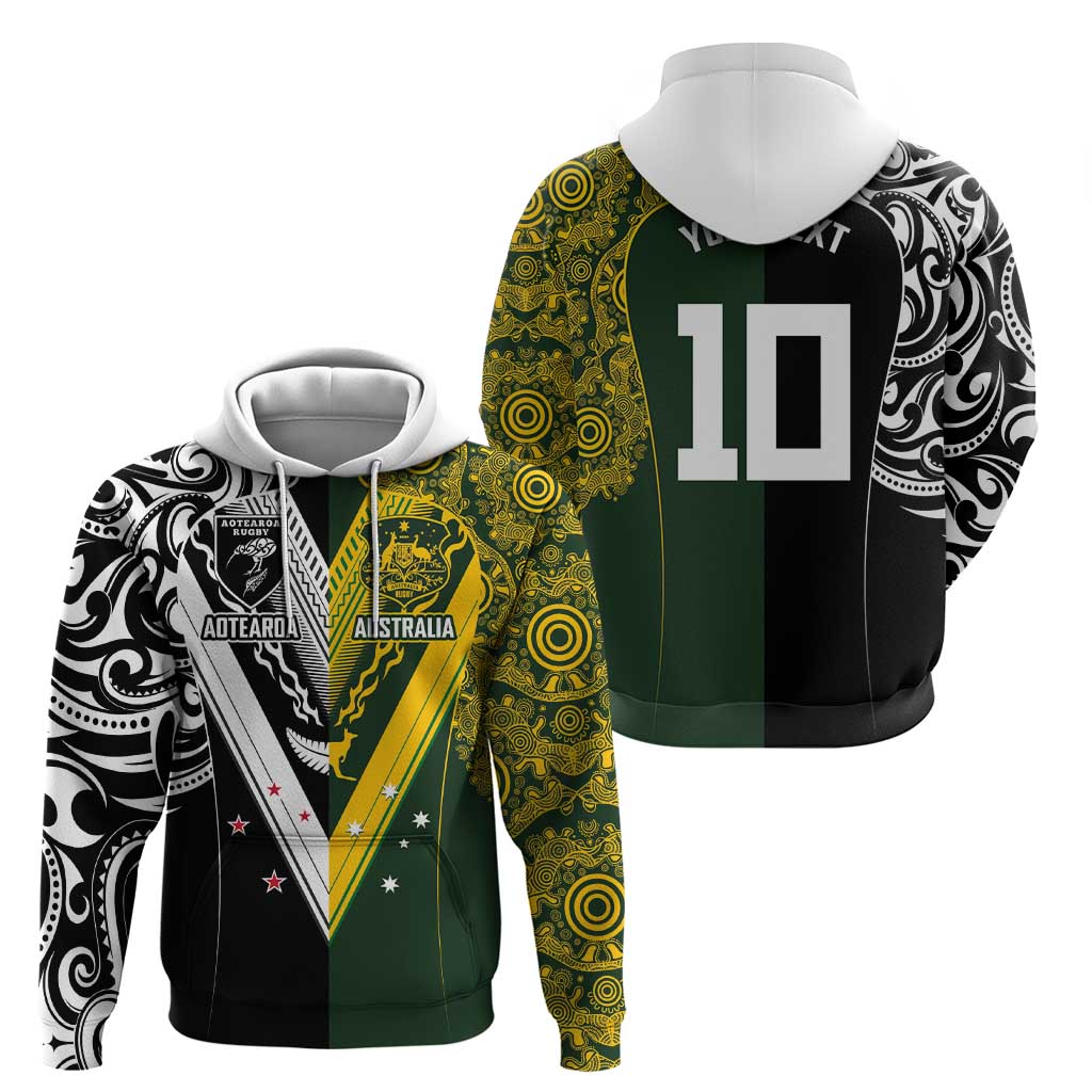 Aotearoa Australia Rugby Custom Zip Hoodie Maori and Aboriginal Art Sporty Style - Aussie Hoodie