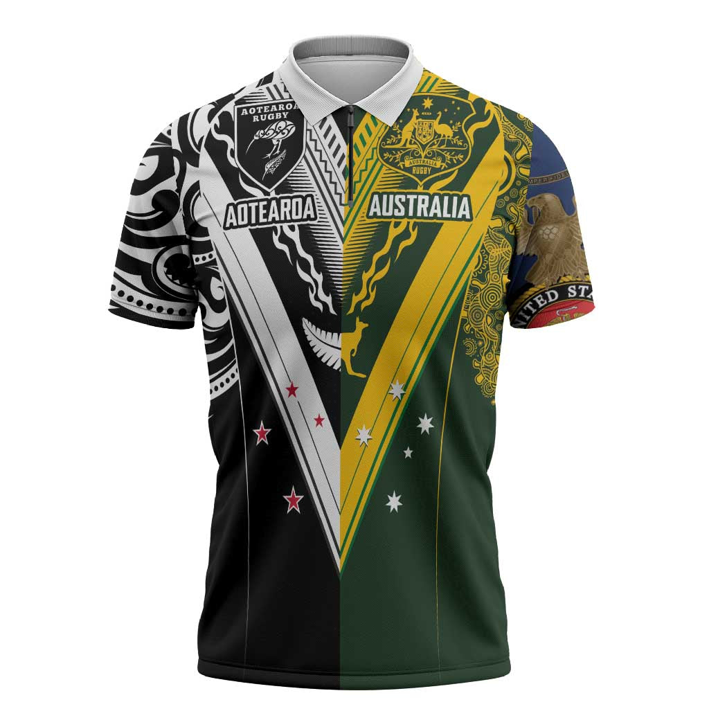 Aotearoa Australia Rugby Custom Zipper Polo Shirt Maori and Aboriginal Art Sporty Style - Aussie Hoodie
