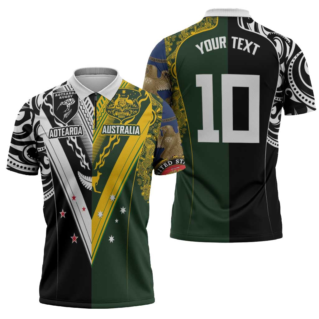 Aotearoa Australia Rugby Custom Zipper Polo Shirt Maori and Aboriginal Art Sporty Style - Aussie Hoodie