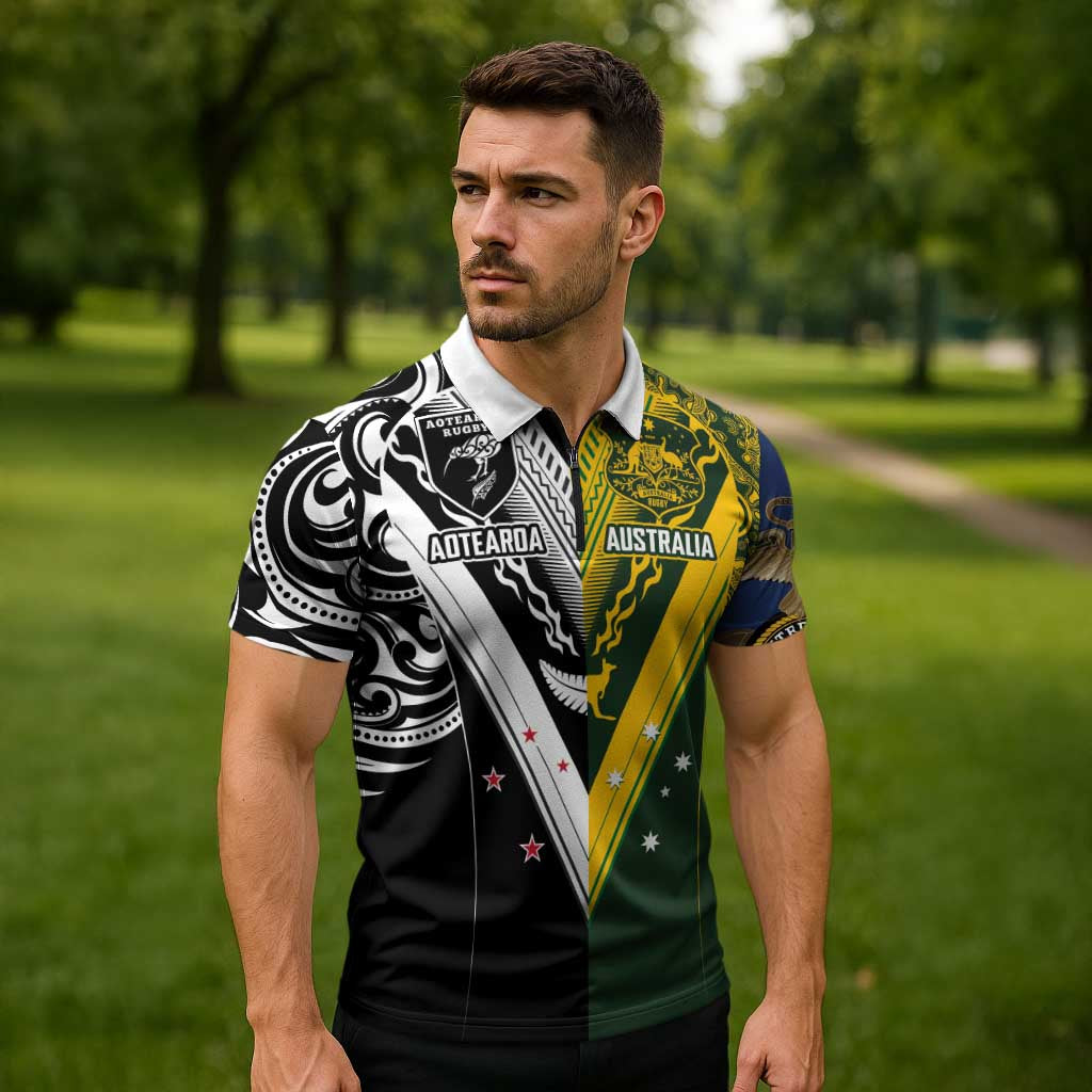 Aotearoa Australia Rugby Custom Zipper Polo Shirt Maori and Aboriginal Art Sporty Style - Aussie Hoodie