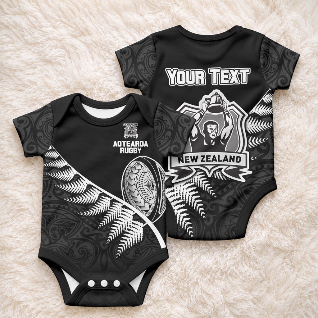 Custom New Zealand World Cup 2023 Baby Onesie Aotearoa Champion Rugby with Silver Fern Maori Ethnic Pattern
