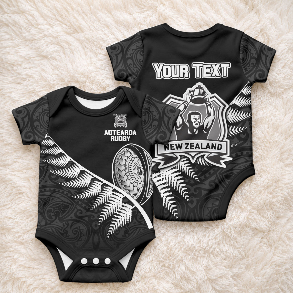 Custom New Zealand World Cup 2023 Baby Onesie Aotearoa Champion Rugby with Silver Fern Maori Ethnic Pattern