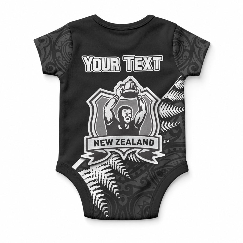 Custom New Zealand World Cup 2023 Baby Onesie Aotearoa Champion Rugby with Silver Fern Maori Ethnic Pattern