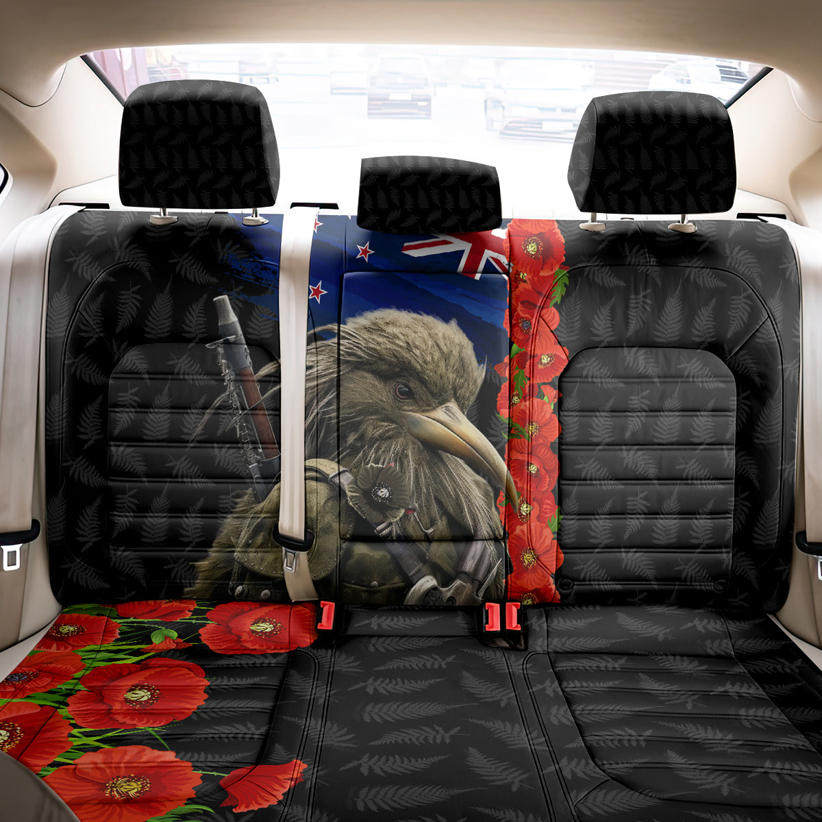 New Zealand Kiwi Soldier ANZAC Back Car Seat Cover Red Poppy Flower and Silver Fern Pattern
