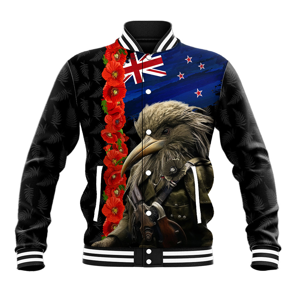 New Zealand Kiwi Soldier ANZAC Baseball Jacket Red Poppy Flower and Silver Fern Pattern