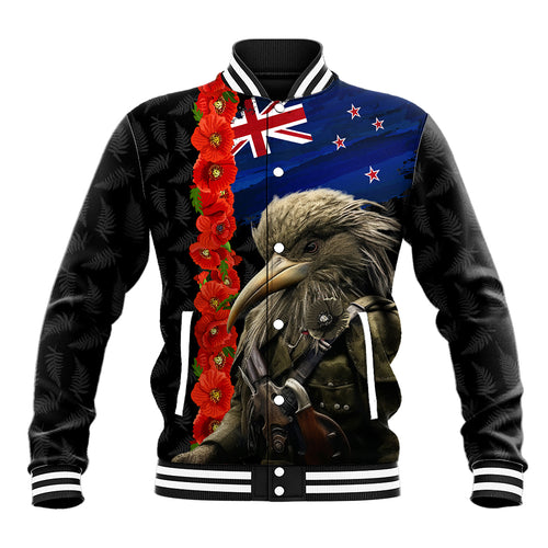 New Zealand Kiwi Soldier ANZAC Baseball Jacket Red Poppy Flower and Silver Fern Pattern
