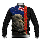 New Zealand Kiwi Soldier ANZAC Baseball Jacket Red Poppy Flower and Silver Fern Pattern