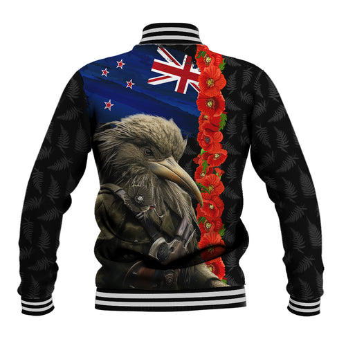 New Zealand Kiwi Soldier ANZAC Baseball Jacket Red Poppy Flower and Silver Fern Pattern
