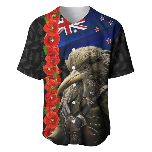 New Zealand Kiwi Soldier ANZAC Baseball Jersey Red Poppy Flower and Silver Fern Pattern