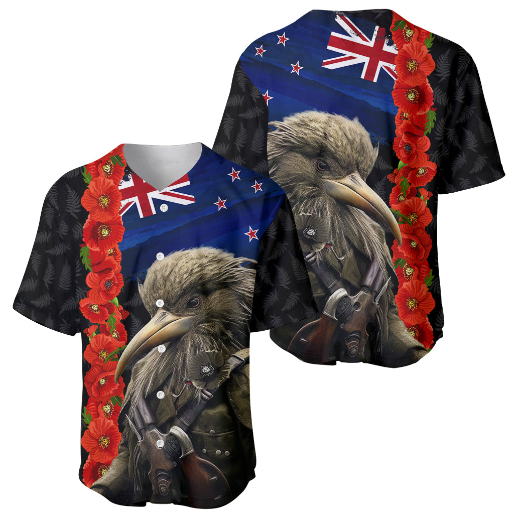New Zealand Kiwi Soldier ANZAC Baseball Jersey Red Poppy Flower and Silver Fern Pattern