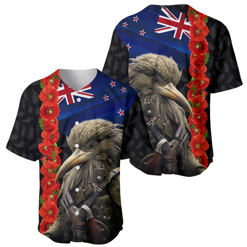 New Zealand Kiwi Soldier ANZAC Baseball Jersey Red Poppy Flower and Silver Fern Pattern