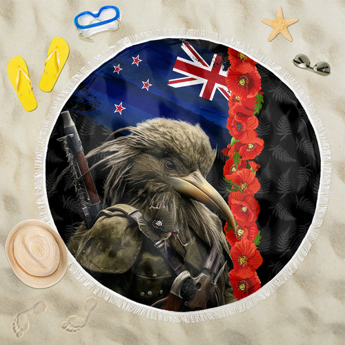 New Zealand Kiwi Soldier ANZAC Beach Blanket Red Poppy Flower and Silver Fern Pattern