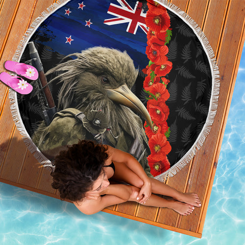 New Zealand Kiwi Soldier ANZAC Beach Blanket Red Poppy Flower and Silver Fern Pattern