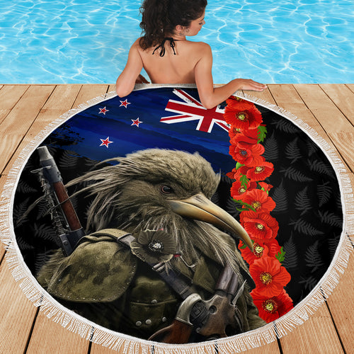 New Zealand Kiwi Soldier ANZAC Beach Blanket Red Poppy Flower and Silver Fern Pattern