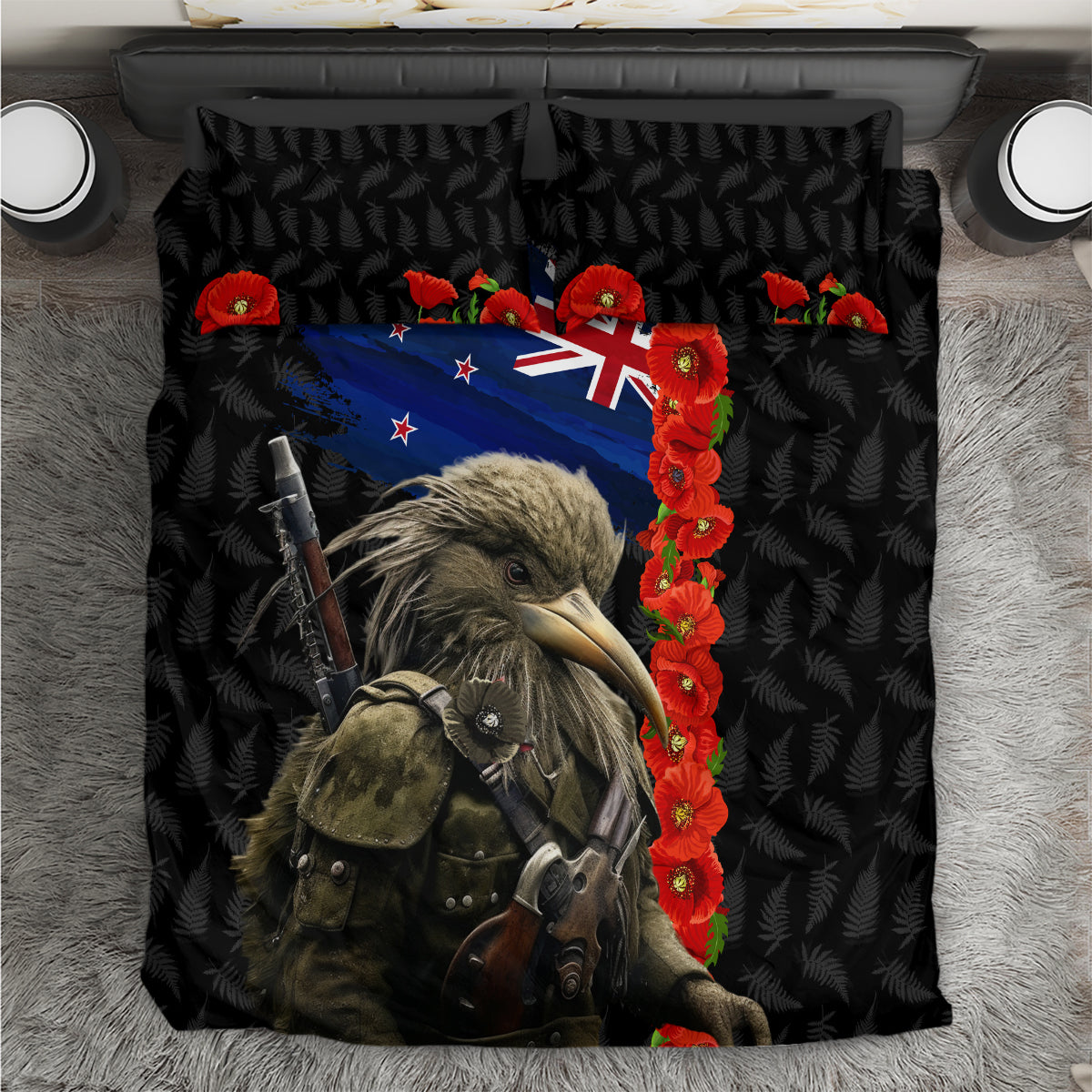 New Zealand Kiwi Soldier ANZAC Bedding Set Red Poppy Flower and Silver Fern Pattern