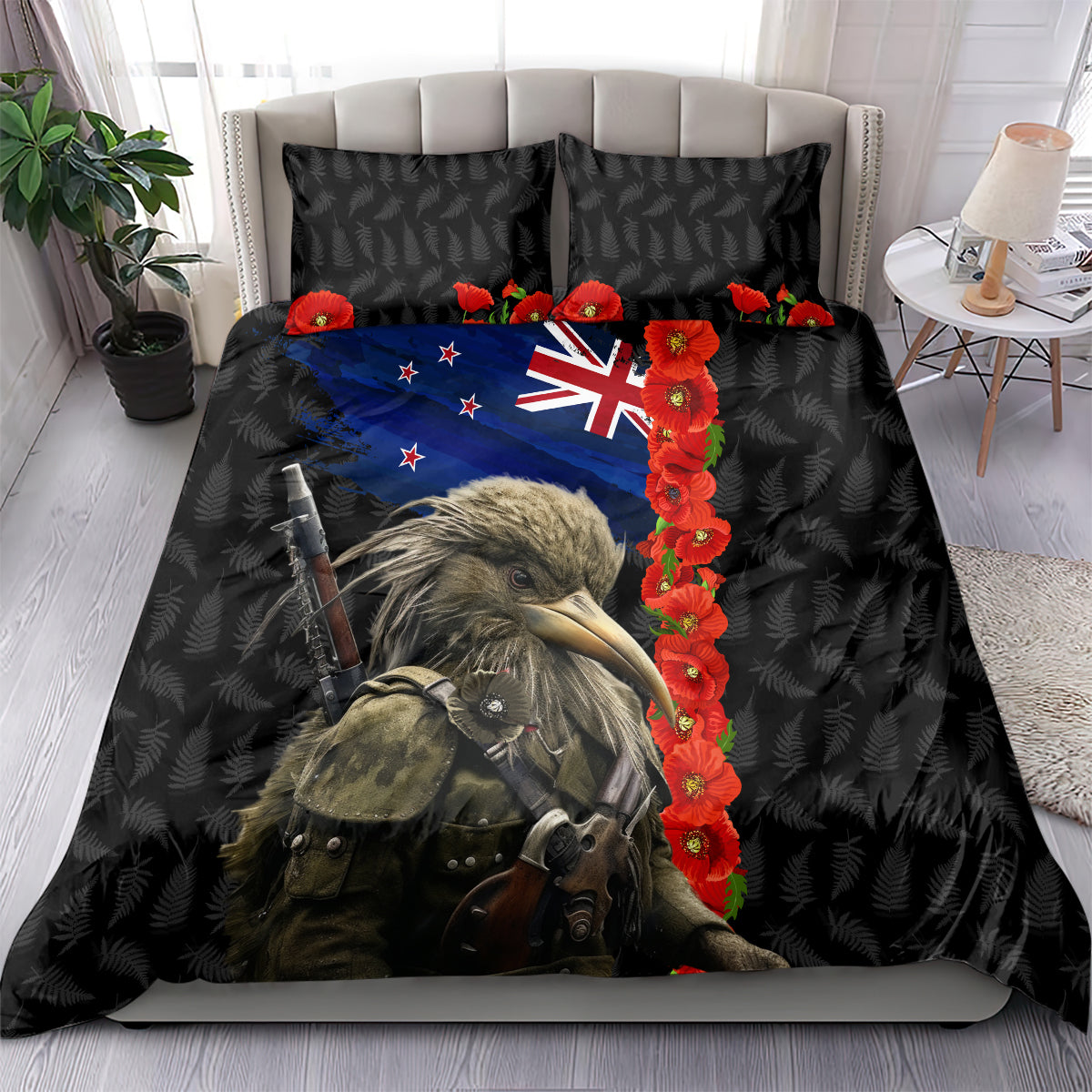 New Zealand Kiwi Soldier ANZAC Bedding Set Red Poppy Flower and Silver Fern Pattern
