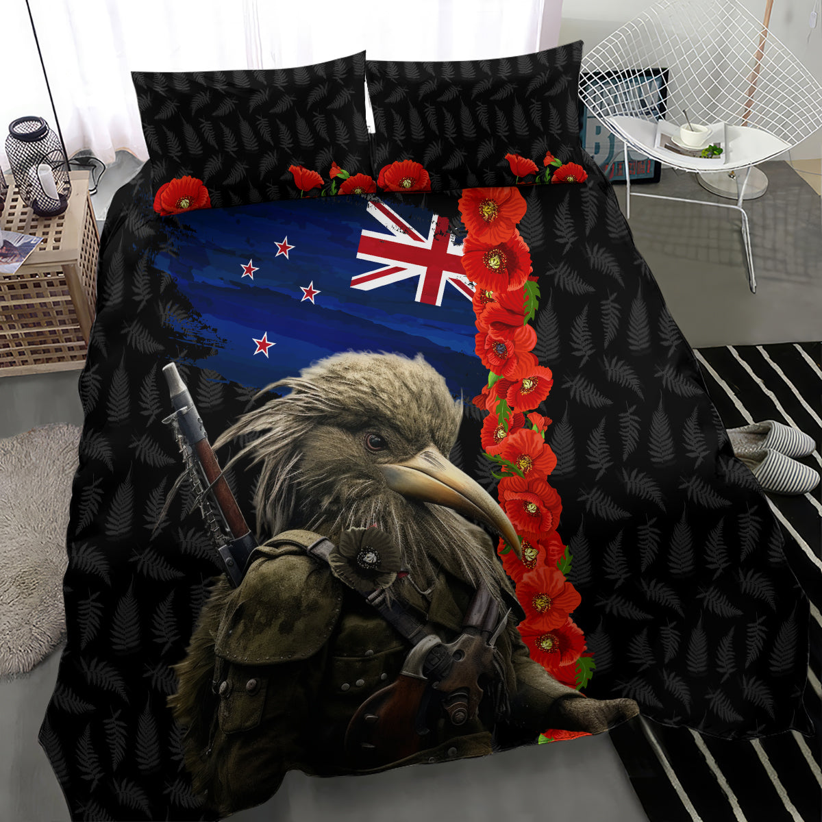 New Zealand Kiwi Soldier ANZAC Bedding Set Red Poppy Flower and Silver Fern Pattern