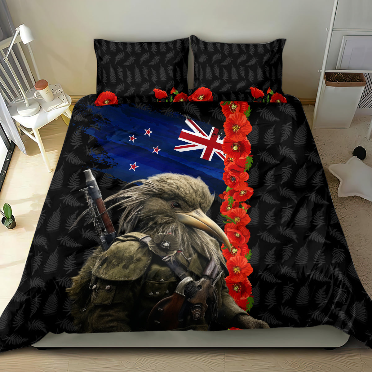 New Zealand Kiwi Soldier ANZAC Bedding Set Red Poppy Flower and Silver Fern Pattern