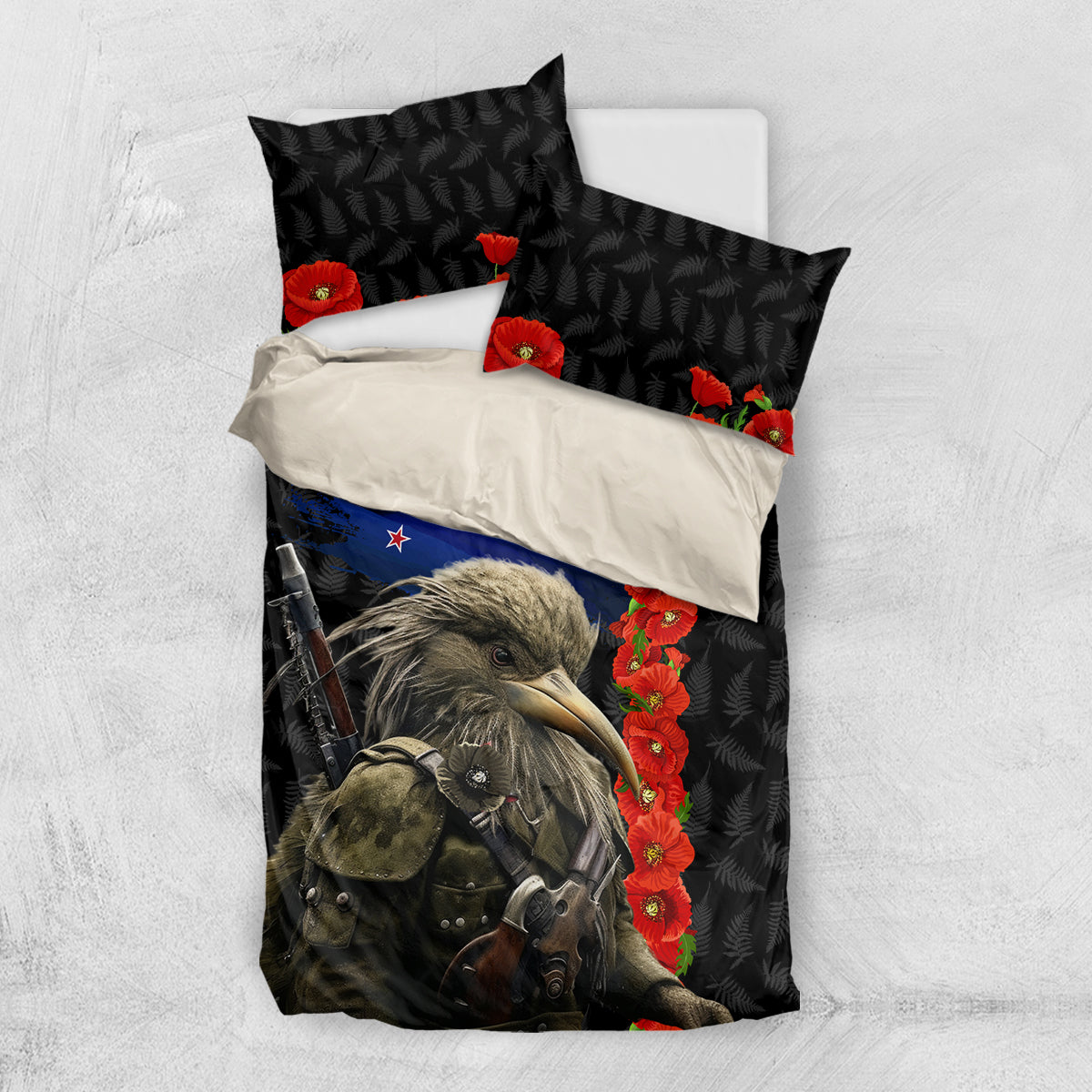 New Zealand Kiwi Soldier ANZAC Bedding Set Red Poppy Flower and Silver Fern Pattern
