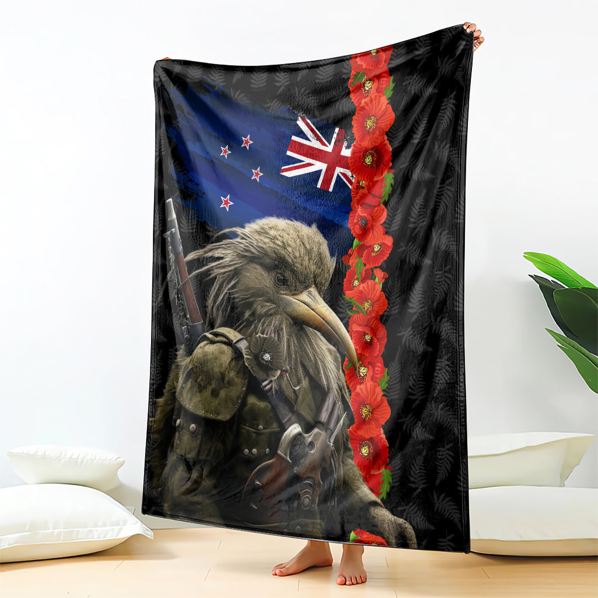 New Zealand Kiwi Soldier ANZAC Blanket Red Poppy Flower and Silver Fern Pattern