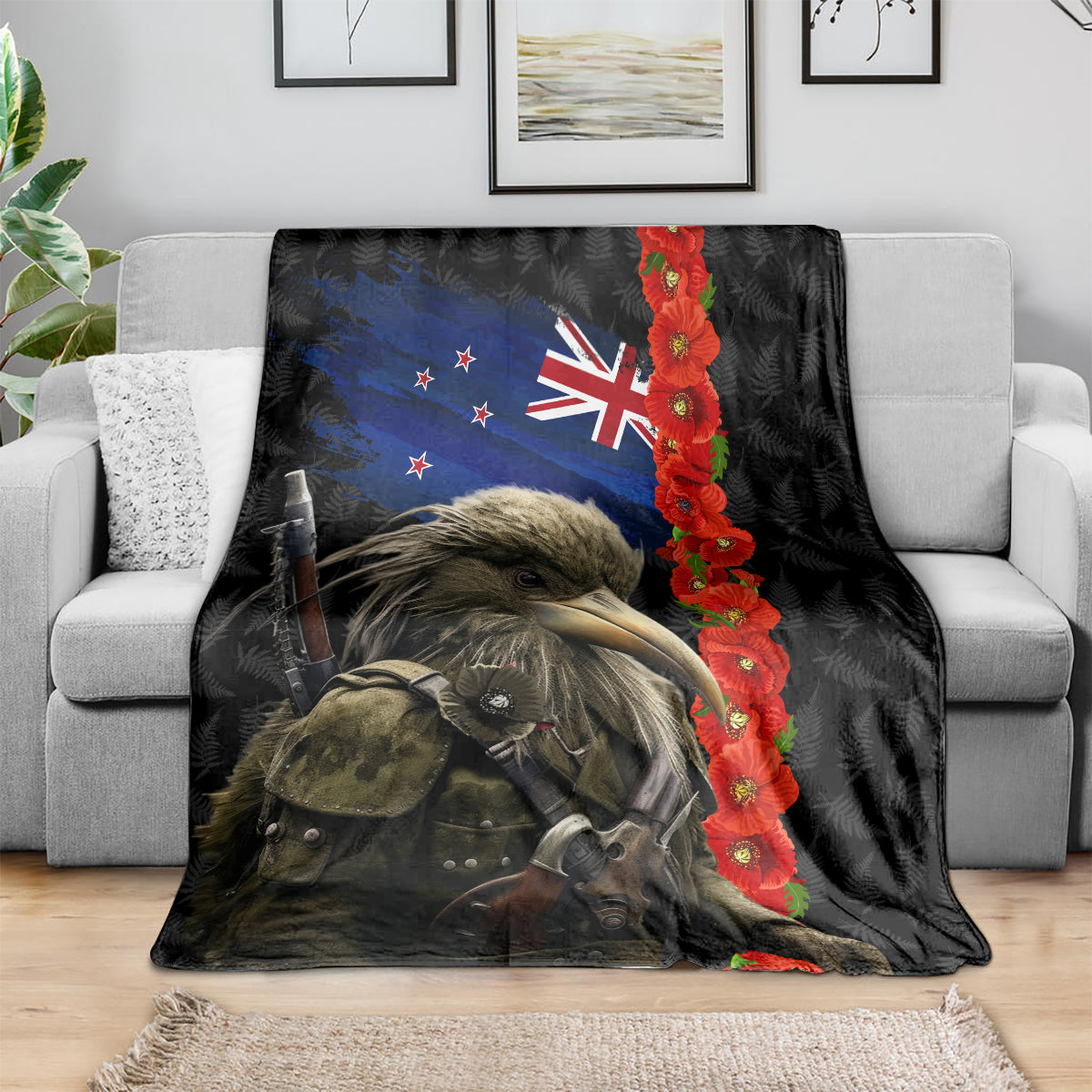 New Zealand Kiwi Soldier ANZAC Blanket Red Poppy Flower and Silver Fern Pattern