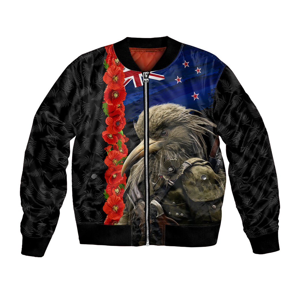 New Zealand Kiwi Soldier ANZAC Bomber Jacket Red Poppy Flower and Silver Fern Pattern