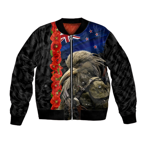 New Zealand Kiwi Soldier ANZAC Bomber Jacket Red Poppy Flower and Silver Fern Pattern