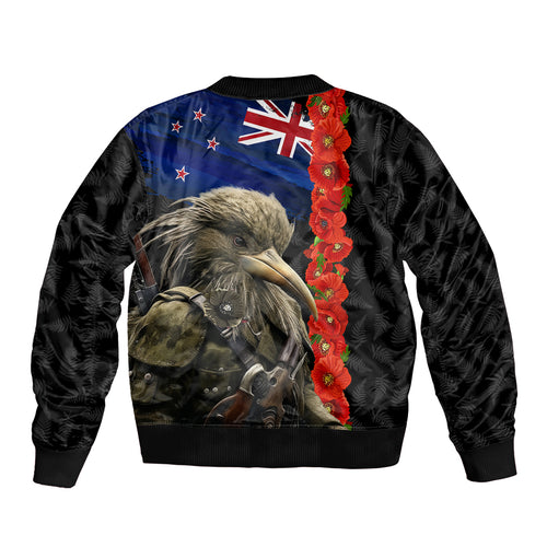 New Zealand Kiwi Soldier ANZAC Bomber Jacket Red Poppy Flower and Silver Fern Pattern