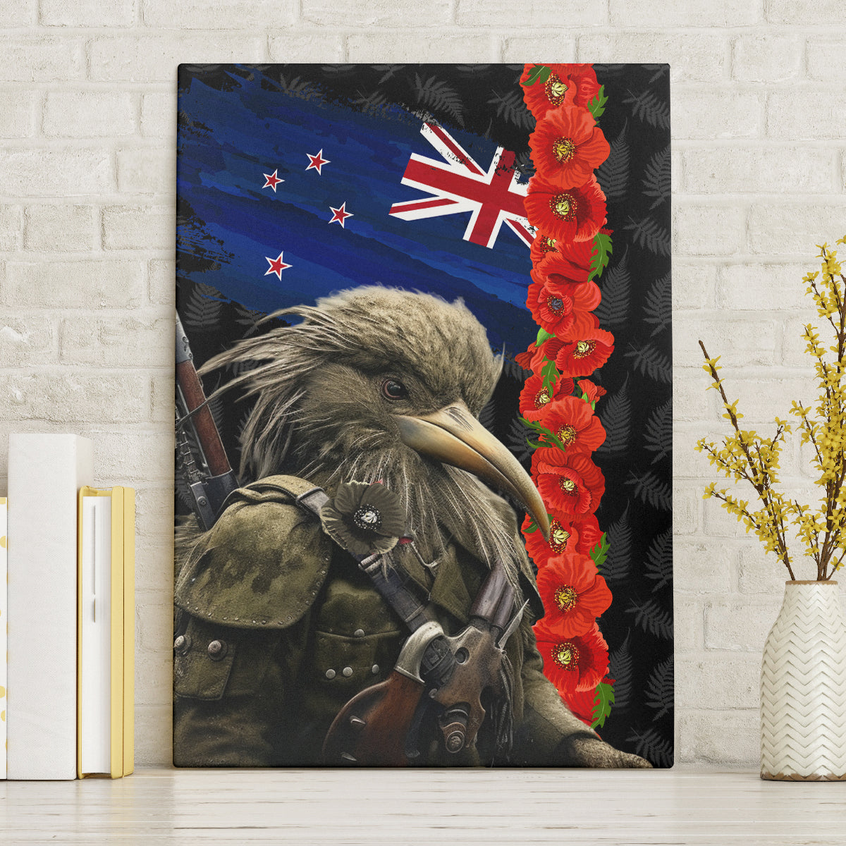 New Zealand Kiwi Soldier ANZAC Canvas Wall Art Red Poppy Flower and Silver Fern Pattern