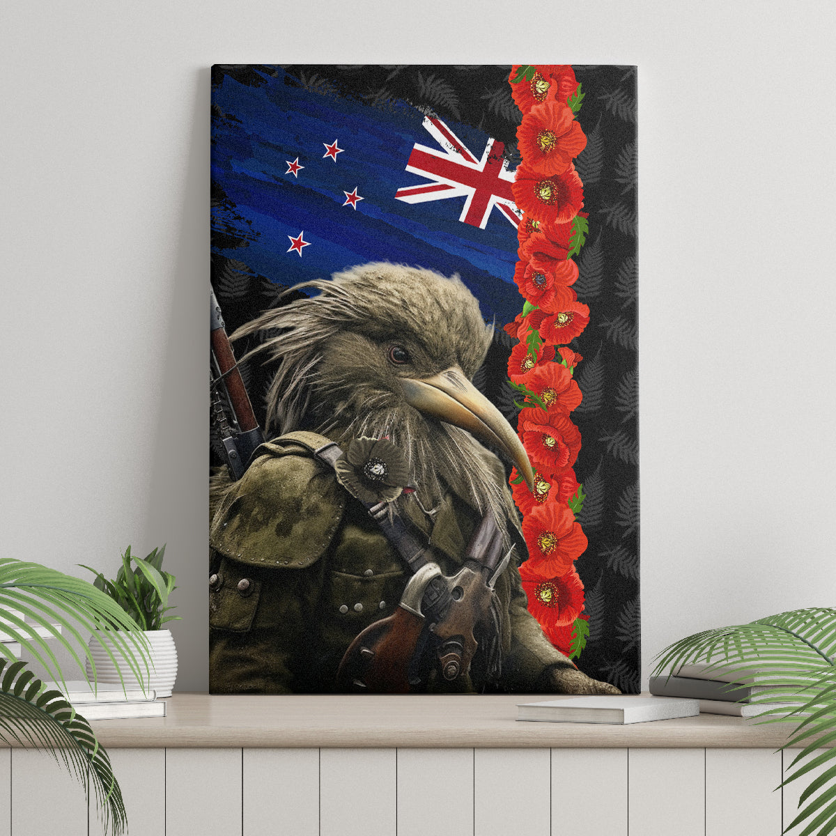 New Zealand Kiwi Soldier ANZAC Canvas Wall Art Red Poppy Flower and Silver Fern Pattern