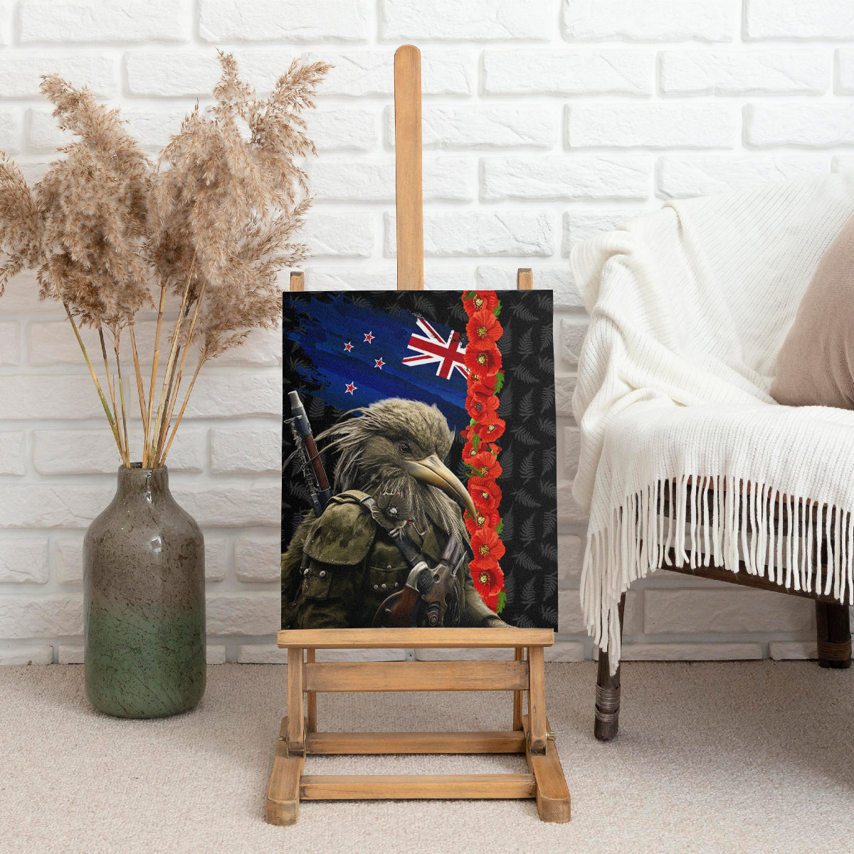 New Zealand Kiwi Soldier ANZAC Canvas Wall Art Red Poppy Flower and Silver Fern Pattern