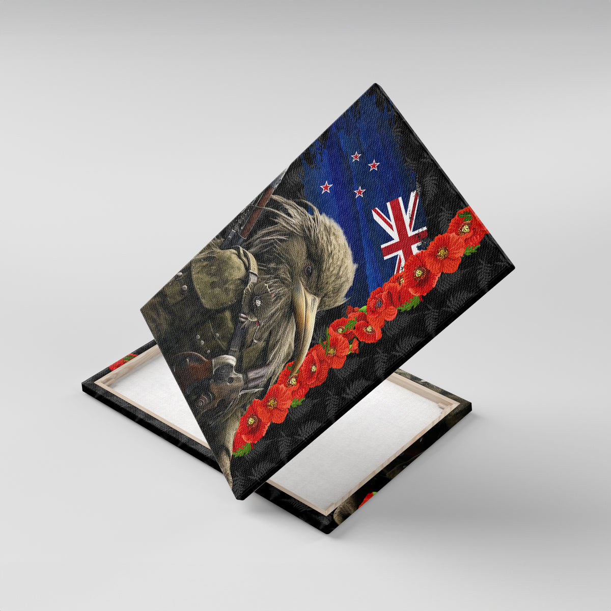 New Zealand Kiwi Soldier ANZAC Canvas Wall Art Red Poppy Flower and Silver Fern Pattern