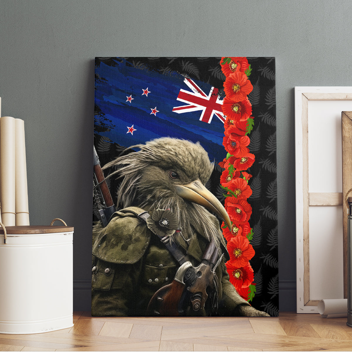 New Zealand Kiwi Soldier ANZAC Canvas Wall Art Red Poppy Flower and Silver Fern Pattern