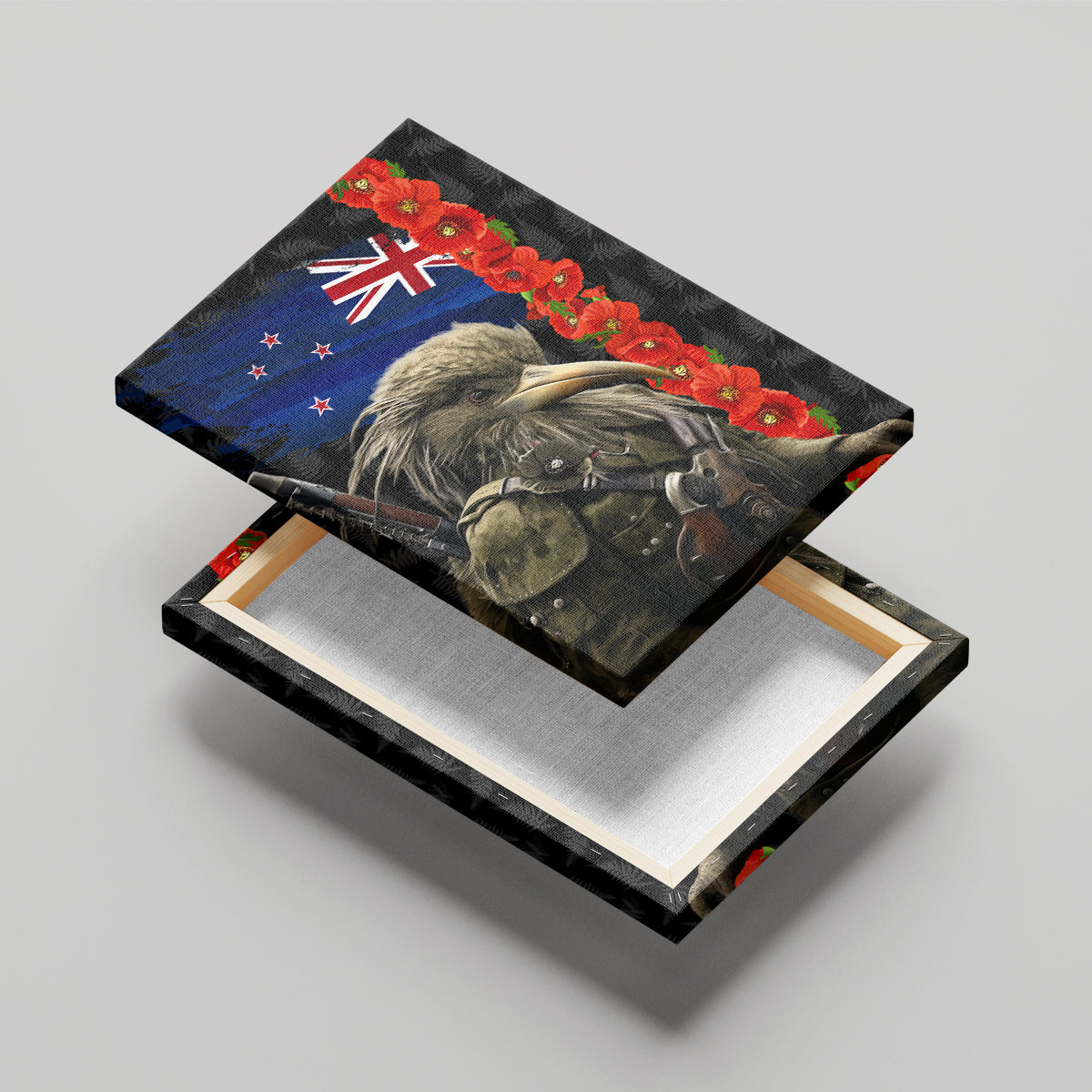 New Zealand Kiwi Soldier ANZAC Canvas Wall Art Red Poppy Flower and Silver Fern Pattern