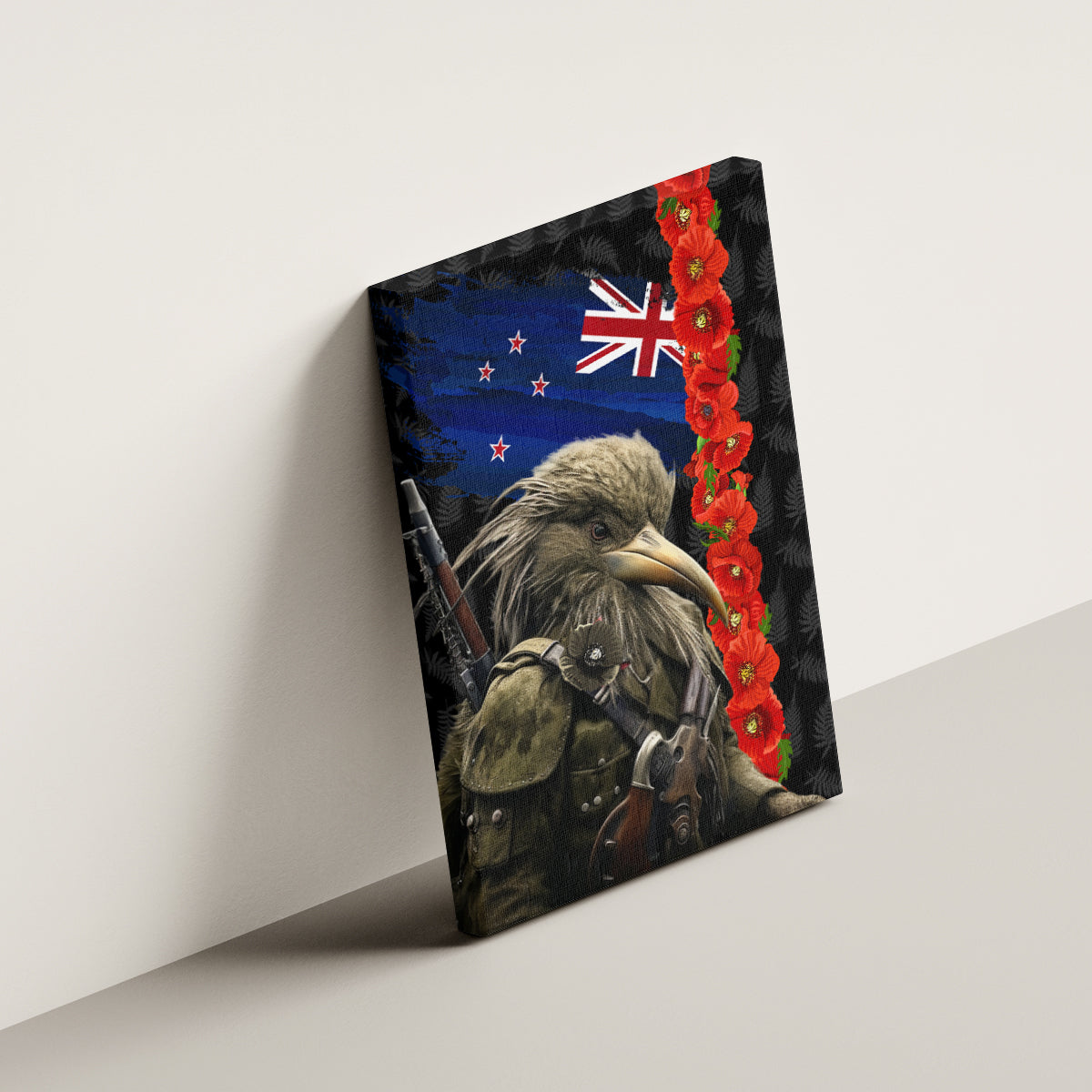 New Zealand Kiwi Soldier ANZAC Canvas Wall Art Red Poppy Flower and Silver Fern Pattern