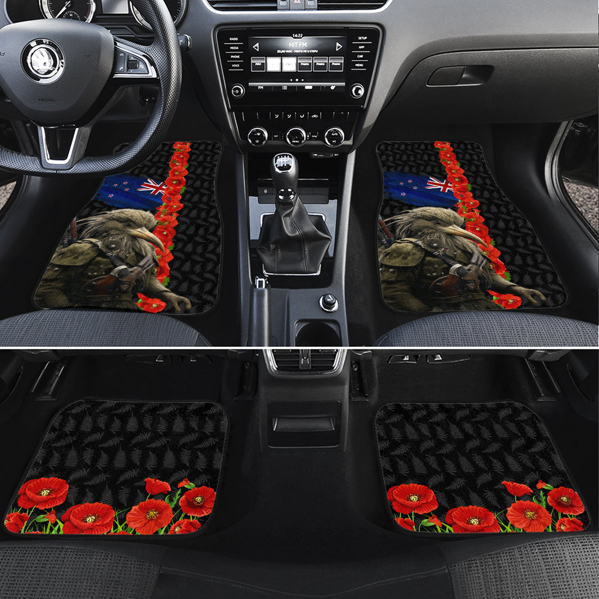 New Zealand Kiwi Soldier ANZAC Car Mats Red Poppy Flower and Silver Fern Pattern