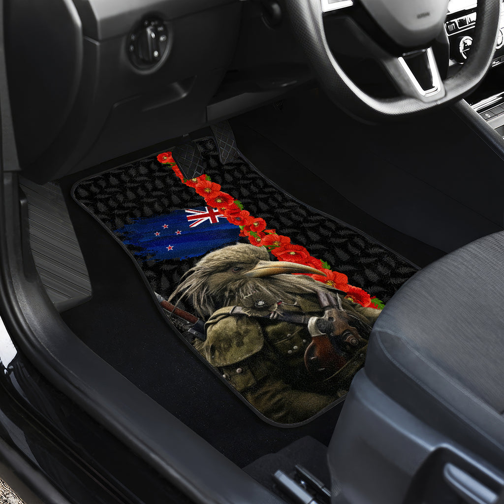 New Zealand Kiwi Soldier ANZAC Car Mats Red Poppy Flower and Silver Fern Pattern