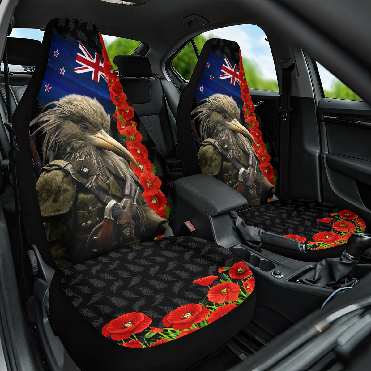 New Zealand Kiwi Soldier ANZAC Car Seat Cover Red Poppy Flower and Silver Fern Pattern